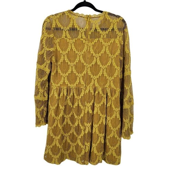 Xhilaration  Mustard Yellow Lace Bell Sleeve Dress L Tea Length Retro 70s Hippie - Picture 10 of 10